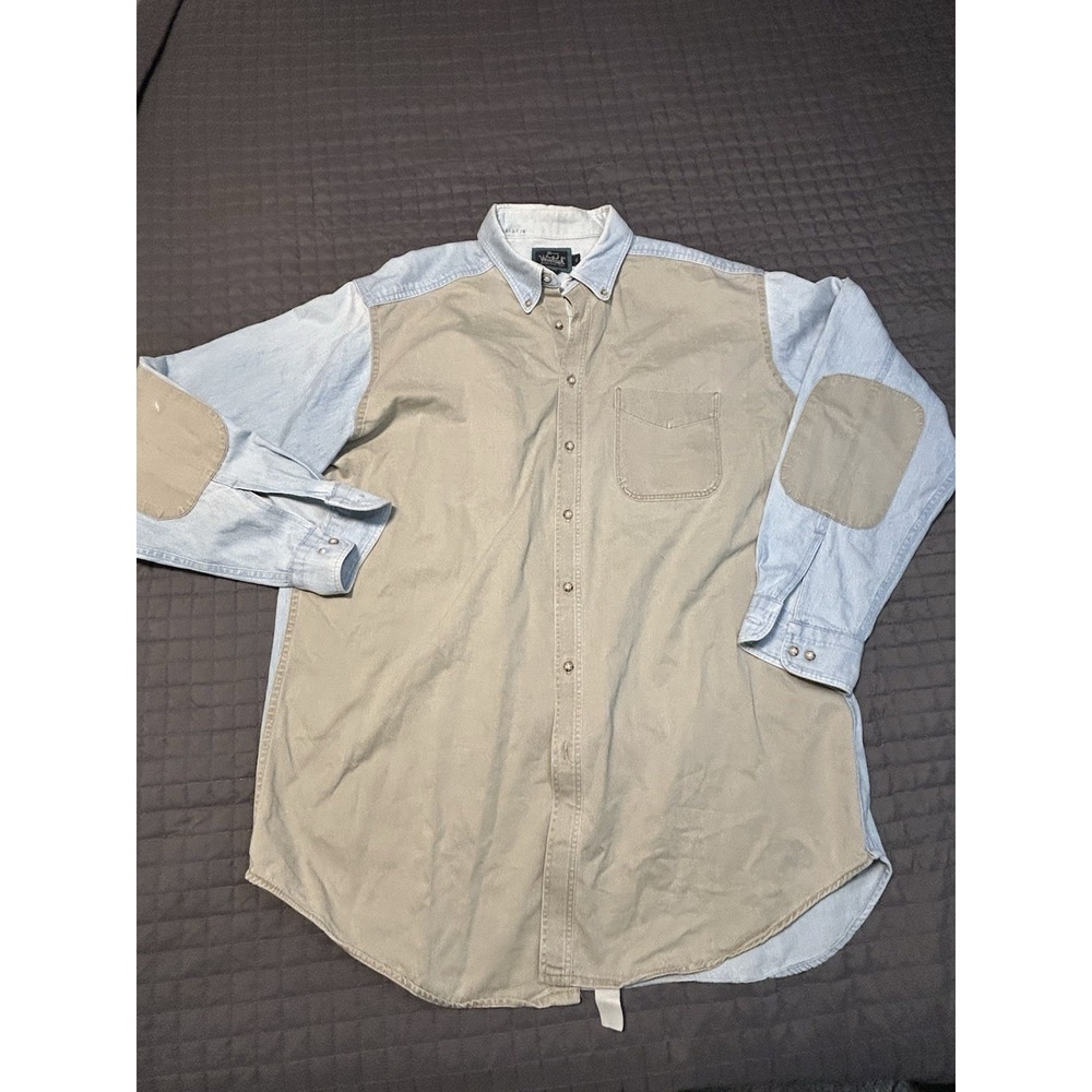 VTG Woolrich Men's XL Blue Denim Long Sleeve ButtonUp Shirt Elbow Patches Collar